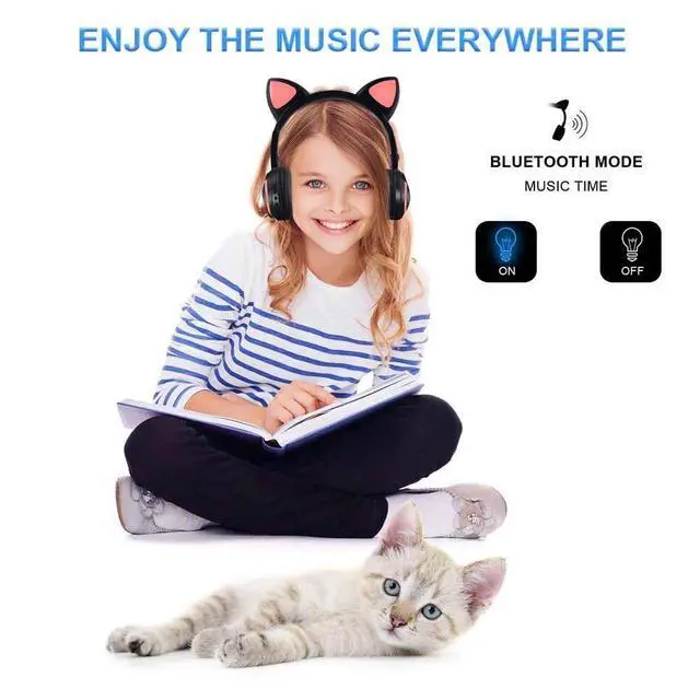Alt view image 2 of 7 - Wireless Bluetooth Cat Ear Headphones with Mic 7 Colors LED Light Flashing Glowing On-Ear Stereo Headset Compatible with Smartphones PC Tablet