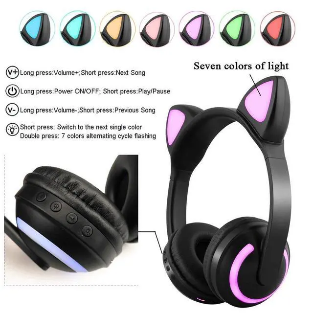 Alt view image 3 of 7 - Wireless Bluetooth Cat Ear Headphones with Mic 7 Colors LED Light Flashing Glowing On-Ear Stereo Headset Compatible with Smartphones PC Tablet