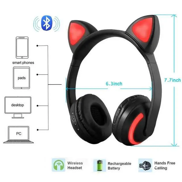 Alt view image 4 of 7 - Wireless Bluetooth Cat Ear Headphones with Mic 7 Colors LED Light Flashing Glowing On-Ear Stereo Headset Compatible with Smartphones PC Tablet
