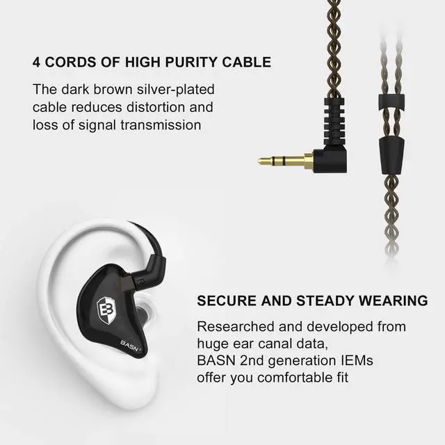 Alt view image 3 of 7 - Bsinger 2nd Generation in Ear Monitor Headphones for Musicians, Black