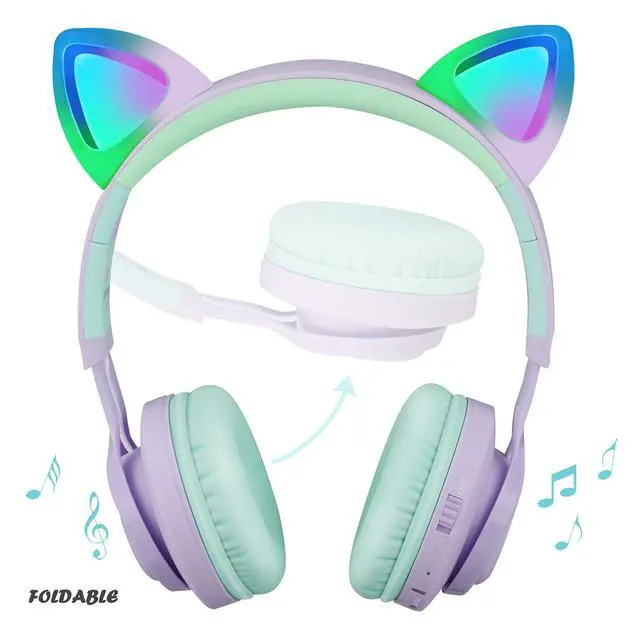 Alt view image 2 of 7 - Kids Wireless Headphones, CT-7S Cat Ear Bluetooth, 85dB Volume Limiting, LED Light Up Over Ear with Microphone for Laptop/PC/TV (Purple&Green)