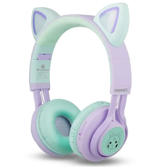 Alt view image 3 of 7 - Kids Wireless Headphones, CT-7S Cat Ear Bluetooth, 85dB Volume Limiting, LED Light Up Over Ear with Microphone for Laptop/PC/TV (Purple&Green)