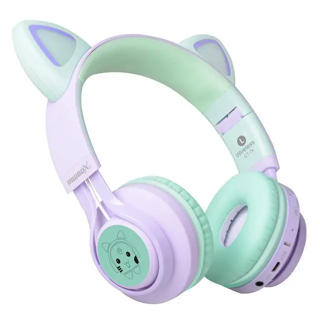 Alt view image 4 of 7 - Kids Wireless Headphones, CT-7S Cat Ear Bluetooth, 85dB Volume Limiting, LED Light Up Over Ear with Microphone for Laptop/PC/TV (Purple&Green)