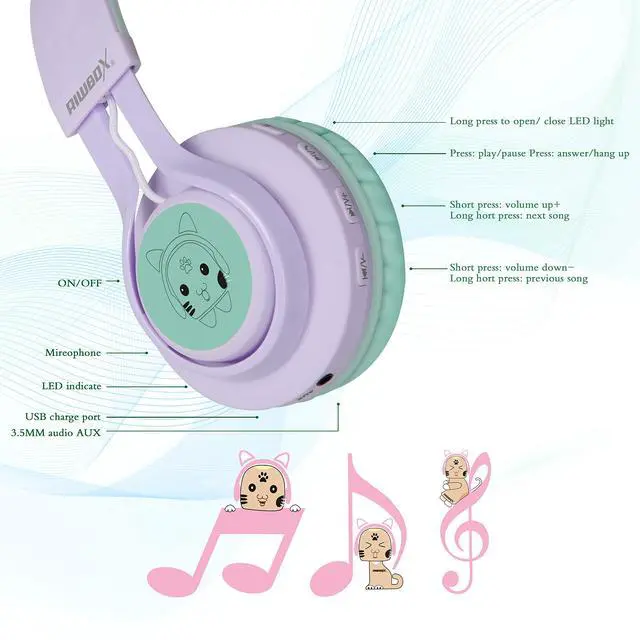 Alt view image 5 of 7 - Kids Wireless Headphones, CT-7S Cat Ear Bluetooth, 85dB Volume Limiting, LED Light Up Over Ear with Microphone for Laptop/PC/TV (Purple&Green)