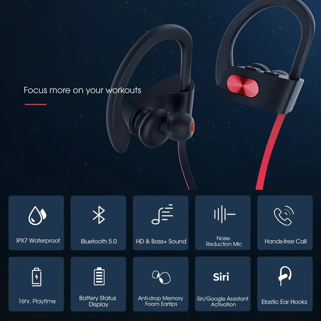Alt view image 2 of 7 - Bluetooth Headphones Wireless Sports in-Ear Earbuds IPX7 Waterproof 16 Hrs Playtime, Stereo Sound Isolation Headsets for Gym, Running Headphones for Workout Sports, Clear Sound