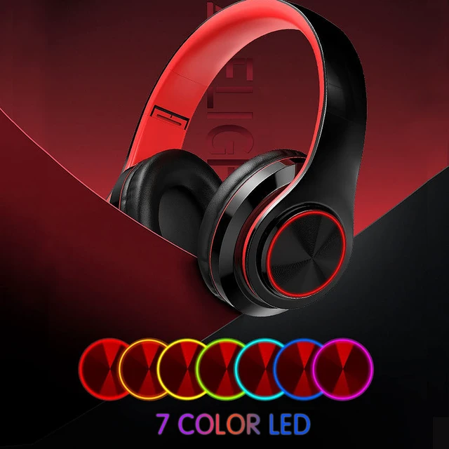 Alt view image 4 of 7 - Bluetooth Wireless Over Ear Headphones, HiFi Stereo Sound Foldable Headset,Colorful LED Lights Headphones with Built-in Mic,Wired for School/Tablet Computer/PC/TV/Cellphones/Travel (Black Red)