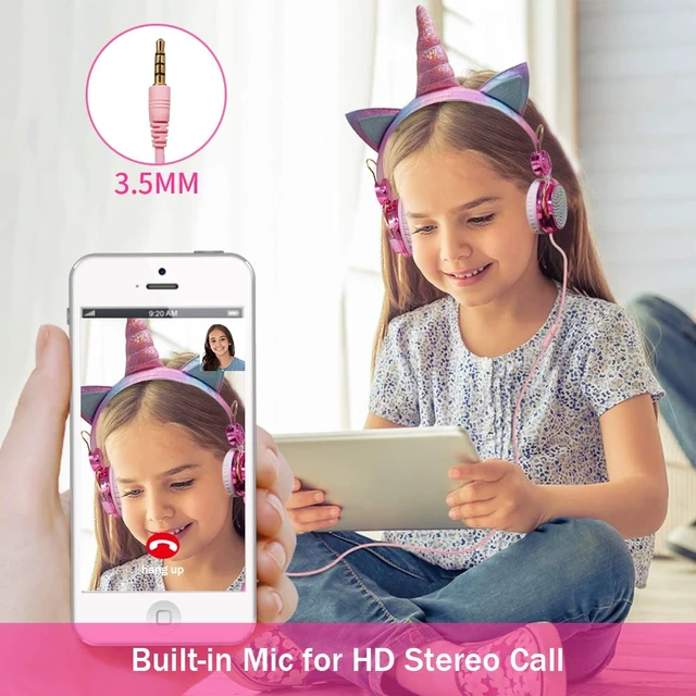 Alt view image 4 of 7 - Unicorn Kids Headphones for Girls Children Teens, Wired Headphones for Kids with Adjustable Headband, 3.5mm Jack and Over On Ear Headset w/Mic for School Birthday Xmas Unicorn Gift