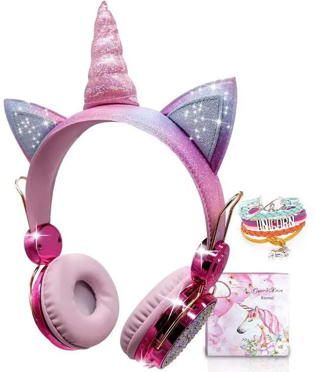 Main image of Sparkly Unicorn Kids Bluetooth Headphones, 85dB Volume Limit | Wireless headset with mic, 3.5mm wired mode, adjustable headband, fast charging, foldable design for school, tablet, travel
