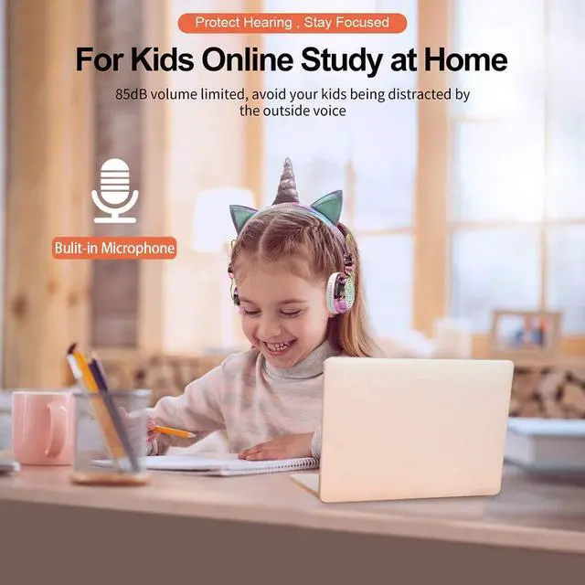 Alt view image 2 of 7 - Sparkly Unicorn Kids Bluetooth Headphones, 85dB Volume Limit | Wireless headset with mic, 3.5mm wired mode, adjustable headband, fast charging, foldable design for school, tablet, travel