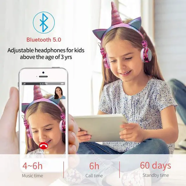 Alt view image 3 of 7 - Sparkly Unicorn Kids Bluetooth Headphones, 85dB Volume Limit | Wireless headset with mic, 3.5mm wired mode, adjustable headband, fast charging, foldable design for school, tablet, travel