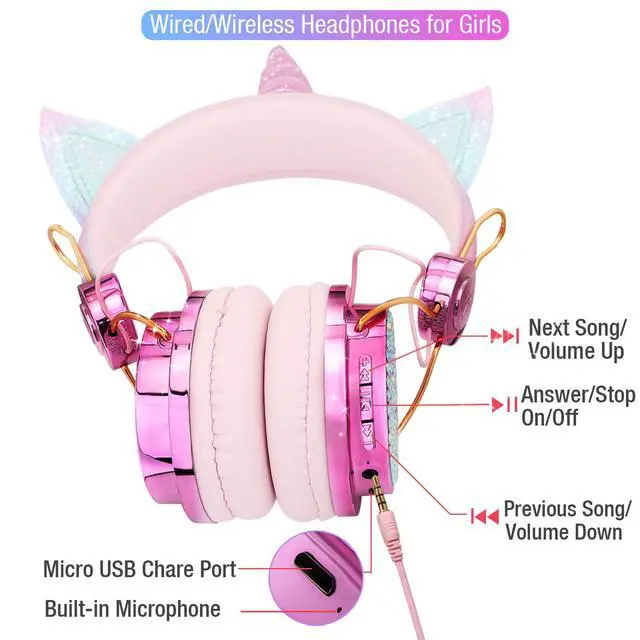 Alt view image 4 of 7 - Sparkly Unicorn Kids Bluetooth Headphones, 85dB Volume Limit | Wireless headset with mic, 3.5mm wired mode, adjustable headband, fast charging, foldable design for school, tablet, travel