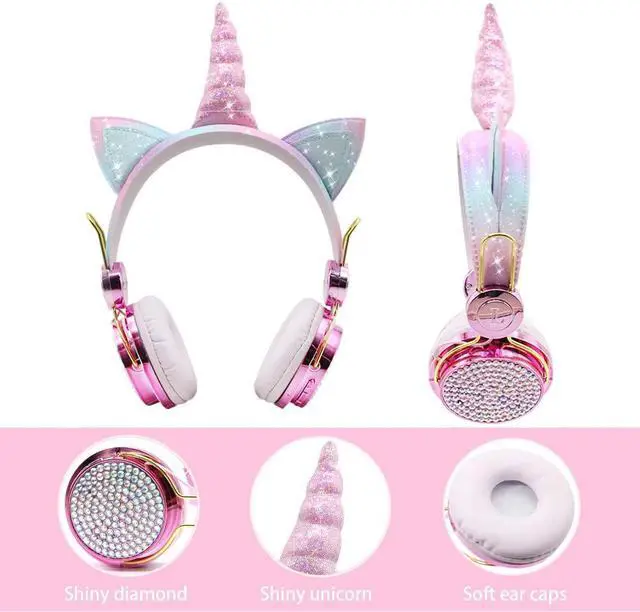 Alt view image 5 of 7 - Sparkly Unicorn Kids Bluetooth Headphones, 85dB Volume Limit | Wireless headset with mic, 3.5mm wired mode, adjustable headband, fast charging, foldable design for school, tablet, travel