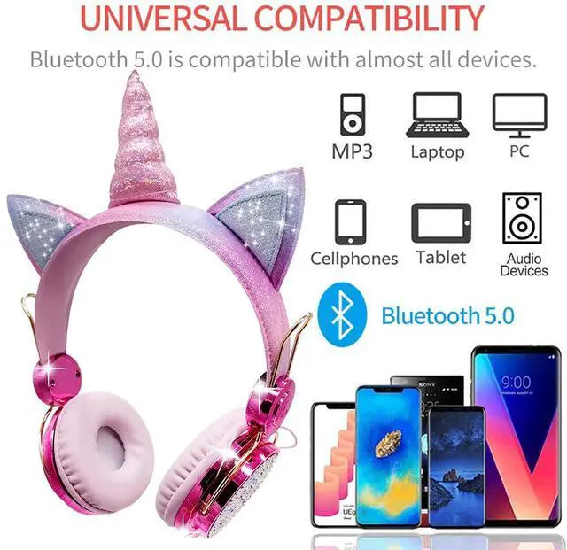 Alt view image 6 of 7 - Sparkly Unicorn Kids Bluetooth Headphones, 85dB Volume Limit | Wireless headset with mic, 3.5mm wired mode, adjustable headband, fast charging, foldable design for school, tablet, travel