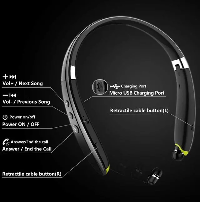 Alt view image 4 of 7 - Bluetooth Headphones, Upgraded Foldable Wireless Neckband Headset with Retractable Earbuds, Noise Cancelling Stereo Earphones with Mic for Workout, Running, Driving (with Carry Case)