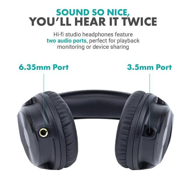 Alt view image 3 of 7 - MH-100 Hi-Fi Studio Headphones with Microphone - Wired Over Ear Headphones for Gaming and Music with 3.5mm and 6.35mm Input - Comfortable Headphones with Mic - Perfect Podcast Headphones for PC