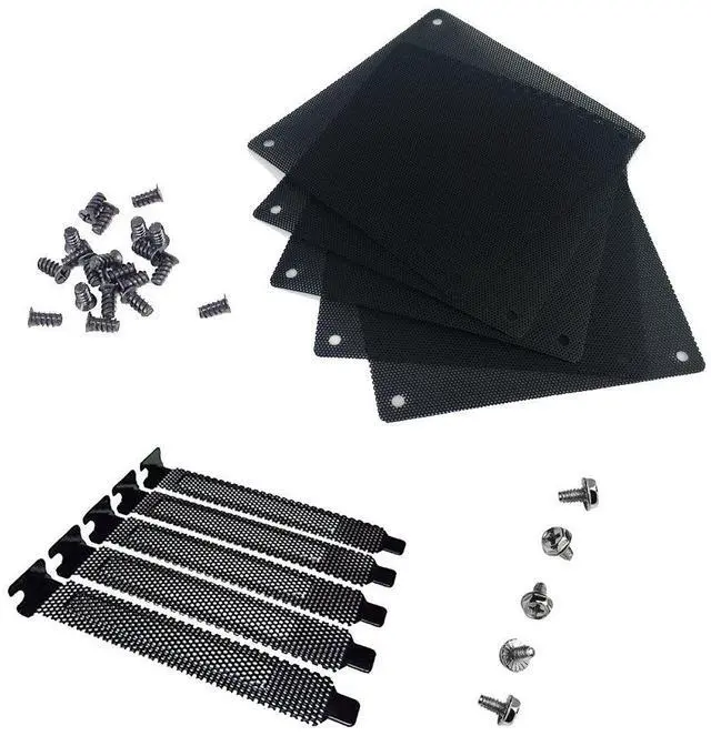 Main image of 12mm PVC Computer PC Cooler Fan Filter Black Dustproof Case Cover Computer Mesh Pack of 5 + Black Hard Steel Dust Filter Blanking Plate PCI Slot Cover 5 Pcs with Screws.