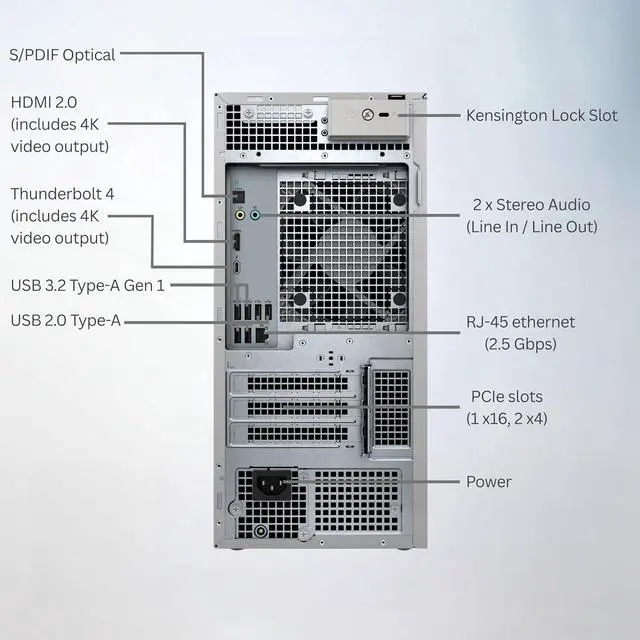 Alt view image 5 of 7 - Dell Tower Plus EBT2250 Desktop PC - Intel Core Ultra 7 265 up to 5.3GHz, 16GB DDR5 RAM, 1TB NVMe SSD, Intel UHD Graphics, Wi-Fi 7, Bluetooth, Keyboard & Mouse, Windows 11 Home - Platinum Silver