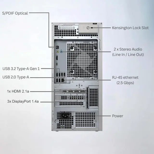 Alt view image 5 of 7 - Dell Tower Plus EBT2250 Desktop PC - Intel Core Ultra 9 285 up to 5.6GHz, 32GB DDR5 RAM, 512GB SSD, NVIDIA GeForce RTX 5060 Ti, Wi-Fi 7, Bluetooth, Keyboard & Mouse, Windows 11 Pro - Platinum Silver
