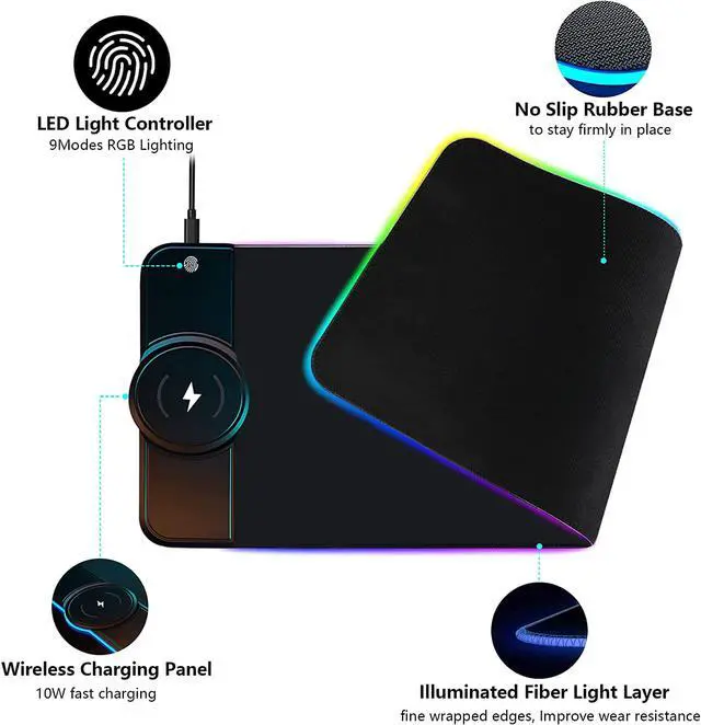 Alt view image 6 of 6 - Wireless Charger Mouse Pad, 10W Extended RGB Mouse Pad Non-Slip Rubber Base 10 Lighting Modes, Ultra Thick Qi Fast Charging Gaming Mousepad for Samsung Galaxy S10/S9/S8 Plus iPhone 11/12 Pro