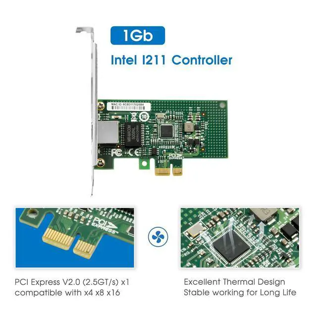 Alt view image 3 of 6 - Gigabit Network Card Single Ports RJ45 Copper Ethernet Adapter,with Intel I210 Chipset,PCI-Express v2.1x1 NIC Support Windows Server/Freebsd/VMware Compare to I210-T1