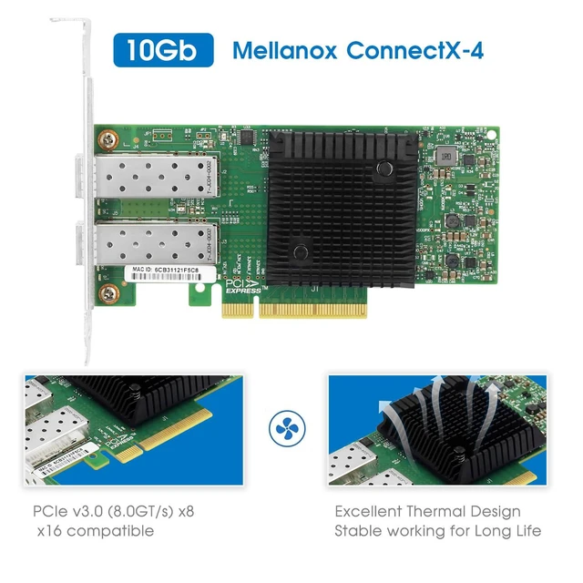 Alt view image 2 of 6 - PCIe3.0 x8 Network Adapter MCX4121A-XCAT Compatible with Mellanox CX4 Lx EN 10G Ethernet NIC Dual SFP28 Port Support RDMA