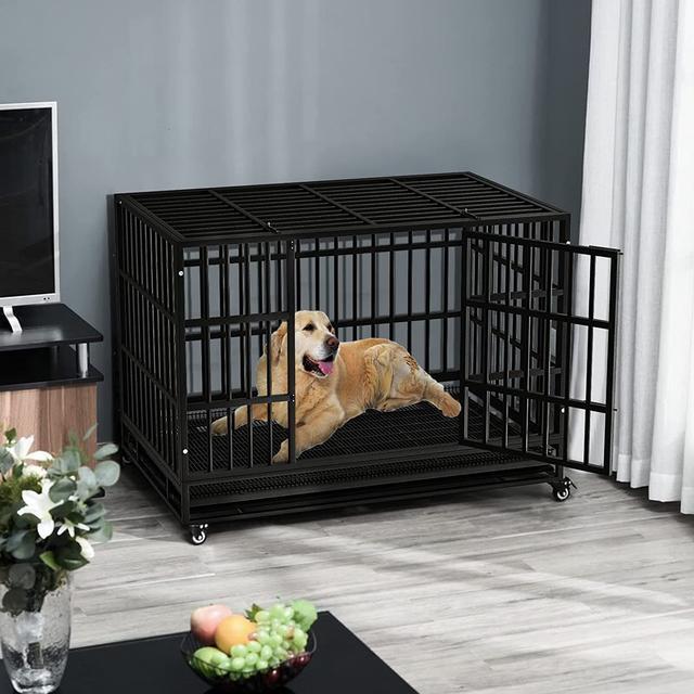 Alt view image 2 of 7 - BOSSIN 48/38 inch Heavy Duty Indestructible Dog Crate, Escape Proof Dog cage Kennel with Lockable Wheels,high Anxiety Double Door Dog Crate,Extra Large Crate Indoor for Large Dog with Removable Tray