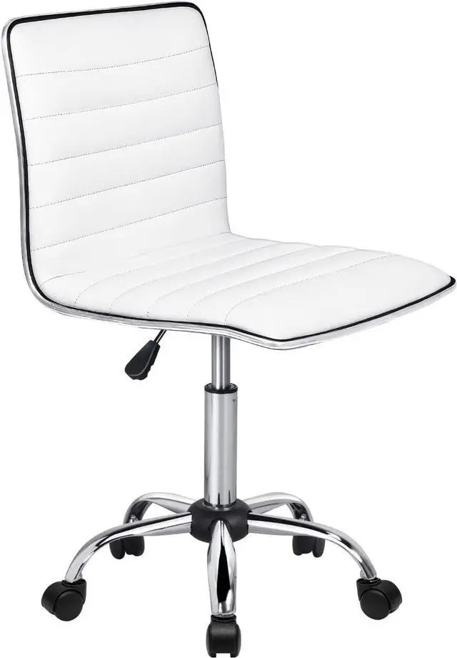 Main image of BOSSIN Office Desk Chair, Adjustable Task Chair, Low Back Faux Leather Ribbed Swivel Chair, Armless Home Rolling Chair Retro with Wheels, Vanity Chair