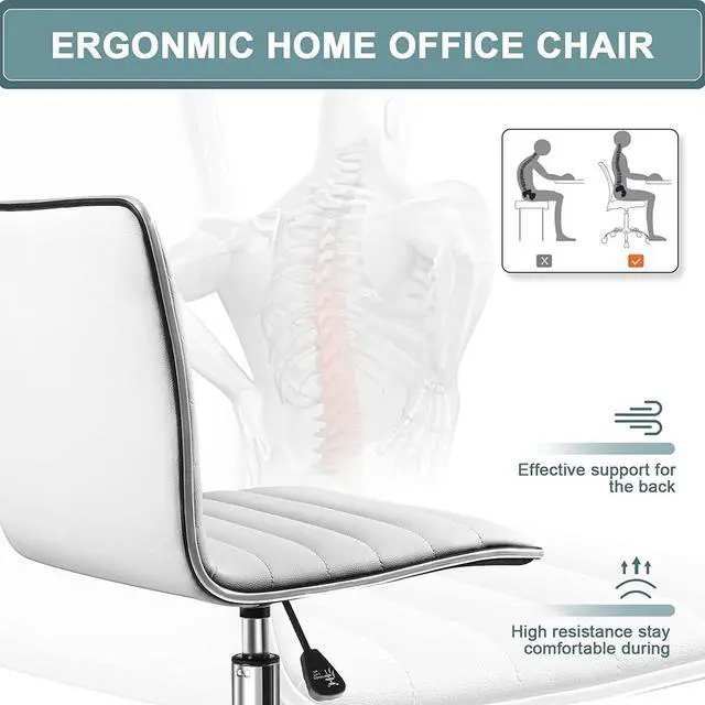 Alt view image 4 of 7 - BOSSIN Office Desk Chair, Adjustable Task Chair, Low Back Faux Leather Ribbed Swivel Chair, Armless Home Rolling Chair Retro with Wheels, Vanity Chair