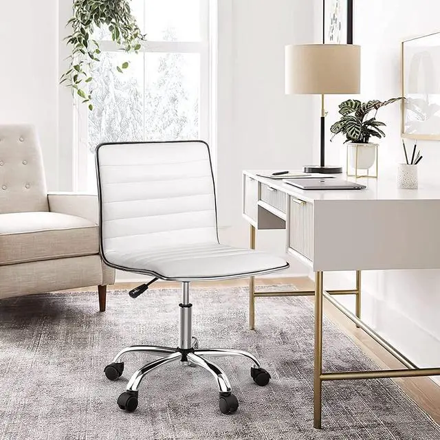 Alt view image 5 of 7 - BOSSIN Office Desk Chair, Adjustable Task Chair, Low Back Faux Leather Ribbed Swivel Chair, Armless Home Rolling Chair Retro with Wheels, Vanity Chair