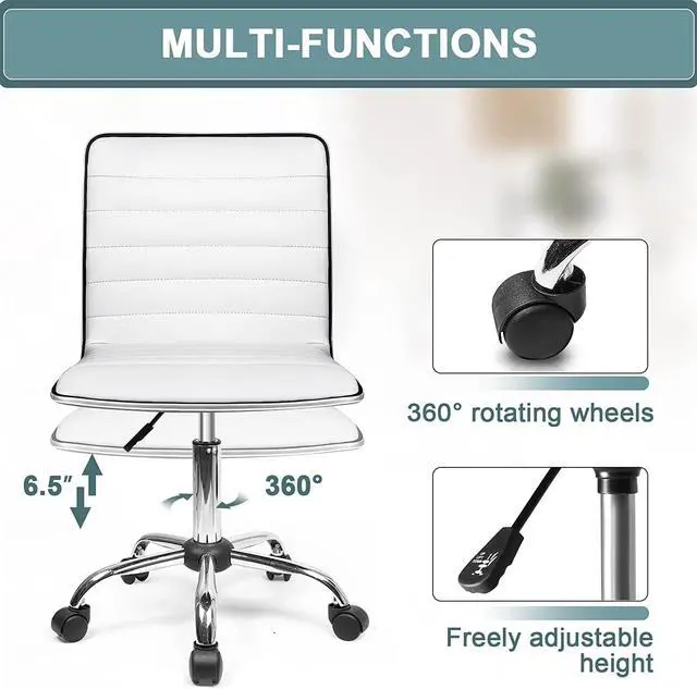Alt view image 6 of 7 - BOSSIN Office Desk Chair, Adjustable Task Chair, Low Back Faux Leather Ribbed Swivel Chair, Armless Home Rolling Chair Retro with Wheels, Vanity Chair