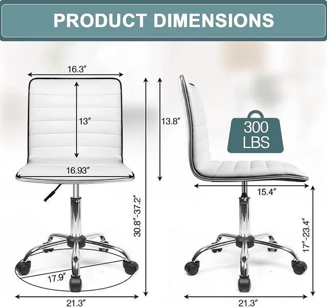 Alt view image 7 of 7 - BOSSIN Office Desk Chair, Adjustable Task Chair, Low Back Faux Leather Ribbed Swivel Chair, Armless Home Rolling Chair Retro with Wheels, Vanity Chair
