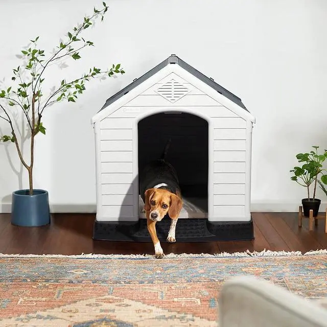 Alt view image 2 of 7 - BOSSIN Durable Waterproof Plastic Dog House for Small to Large Sized Dogs, Indoor Outdoor Doghouse Puppy Shelter with Elevated Floor, Easy to Assemble,Ventilation Design Dog Home