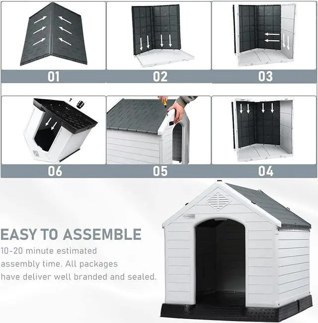Alt view image 6 of 7 - BOSSIN Durable Waterproof Plastic Dog House for Small to Large Sized Dogs, Indoor Outdoor Doghouse Puppy Shelter with Elevated Floor, Easy to Assemble,Ventilation Design Dog Home