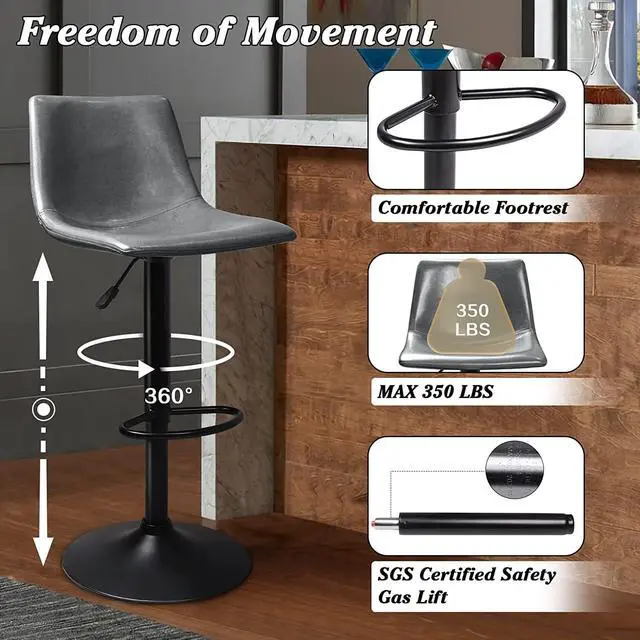 Alt view image 2 of 7 - BOSSIN Adjustable Swivel Bar Stools Set of 2,Counter Heigh Bar Stools with Back,350 LBS PU Leather Bar Stool for Kitchen Island,Upholstered Pub Stools with Footrest,Armless Dining Chairs for Bar