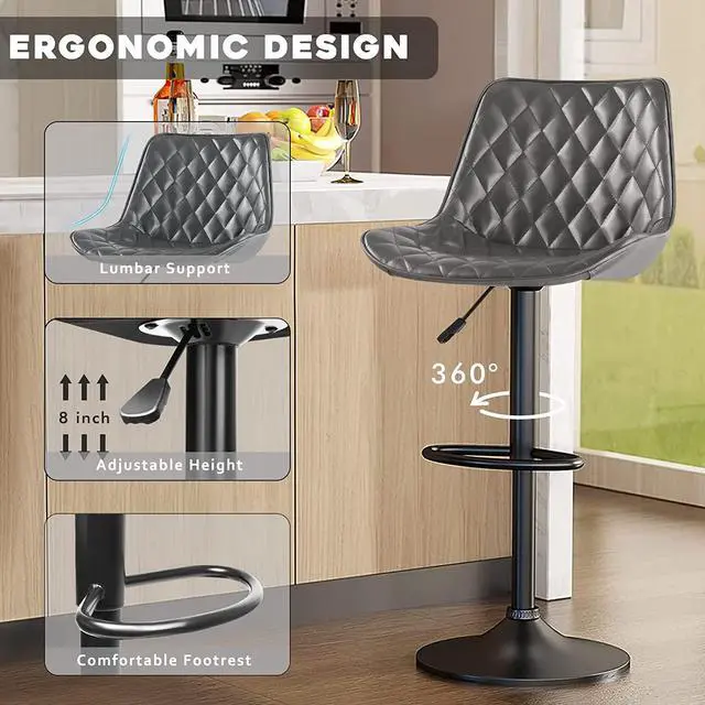 Alt view image 2 of 7 - BOSSIN Bar Stools Set of 2,Counter Heigh Faux Leather Adjustable Bar Stools with Back,Modern Swivel Armless Bar Chair for Kitchen Island,Dining Stools with 350 LBS Capacity