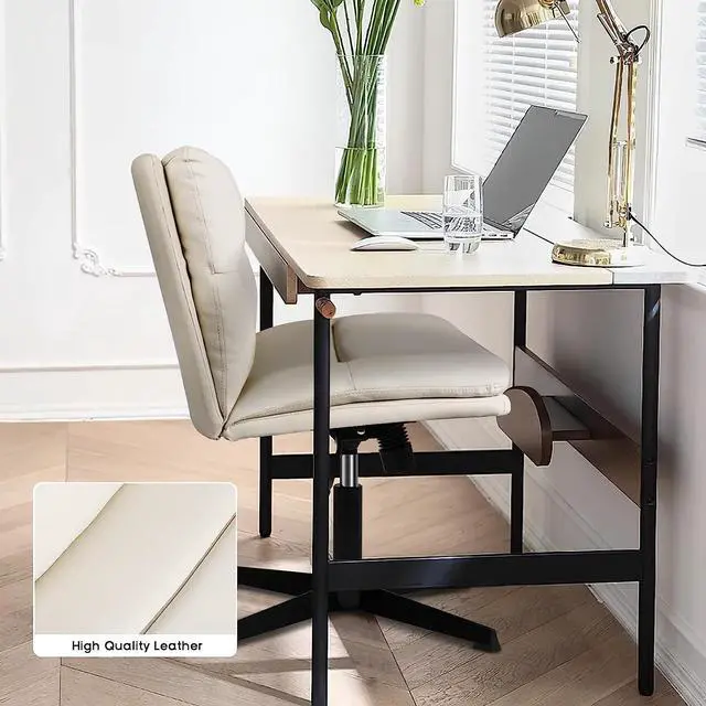Alt view image 6 of 7 - BOSSIN Armless Office Desk Chair No Wheels,PU Leather Criss Cross Legged Chair for Home Office,Modern Swivel Vanity Chair,Mid-Back Computer Chair,Height Adjustable Wide Seat Task Chair