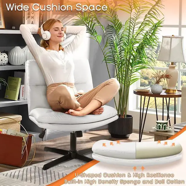 Alt view image 3 of 7 - BOSSIN Armless Office Desk Chair No Wheels,PU Leather Criss Cross Legged Chair for Home Office,Modern Swivel Vanity Chair,Mid-Back Computer Chair,Height Adjustable Wide Seat Task Chair