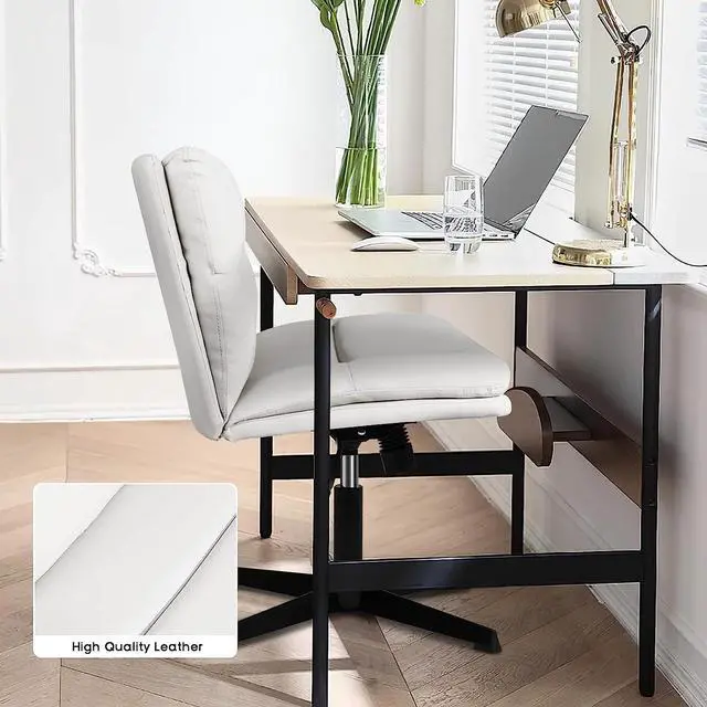 Alt view image 6 of 7 - BOSSIN Armless Office Desk Chair No Wheels,PU Leather Criss Cross Legged Chair for Home Office,Modern Swivel Vanity Chair,Mid-Back Computer Chair,Height Adjustable Wide Seat Task Chair