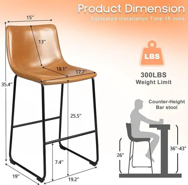 Alt view image 7 of 7 - BOSSIN 26 inch Bar Stools Set of 2,Counter Height Bar Stools with Back, Modern PU Leather Stools with Metal Leg and Footrest,Dining Chairs for Kitchens Island,Armless Pub Stools for Rustic Bar