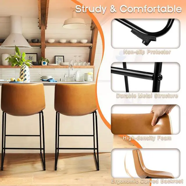 Alt view image 2 of 7 - BOSSIN 26 inch Bar Stools Set of 2,Counter Height Bar Stools with Back, Modern PU Leather Stools with Metal Leg and Footrest,Dining Chairs for Kitchens Island,Armless Pub Stools for Rustic Bar