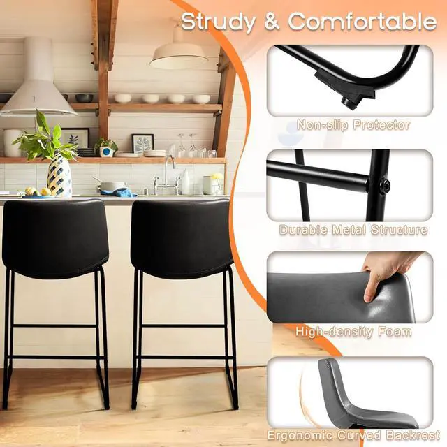 Alt view image 3 of 7 - BOSSIN 26 inch Bar Stools Set of 2,Counter Height Bar Stools with Back, Modern PU Leather Stools with Metal Leg and Footrest,Dining Chairs for Kitchens Island,Armless Pub Stools for Rustic Bar