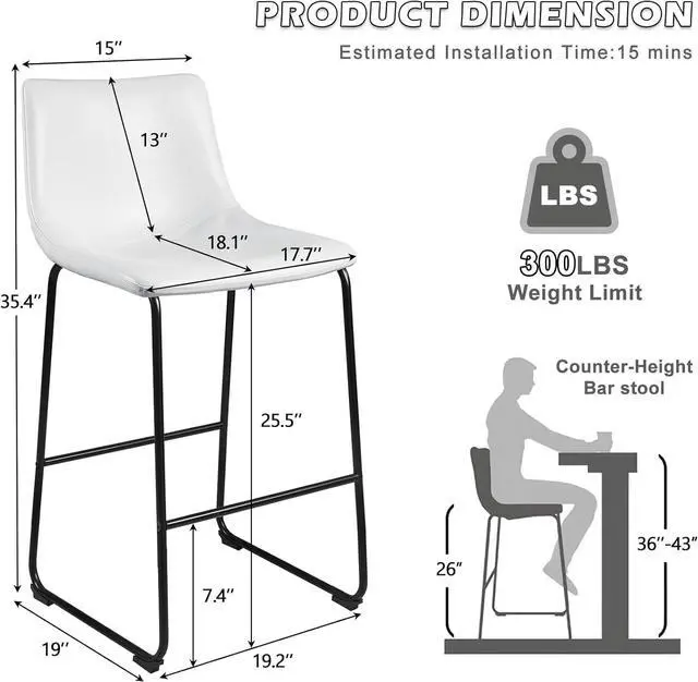 Alt view image 7 of 7 - BOSSIN Counter Height Bar Stools Set of 2,Barstools with Back,Faux Leather Counter Stools for Kitchen Island,Modern Bar Chairs with Metal Legs(White, 26")