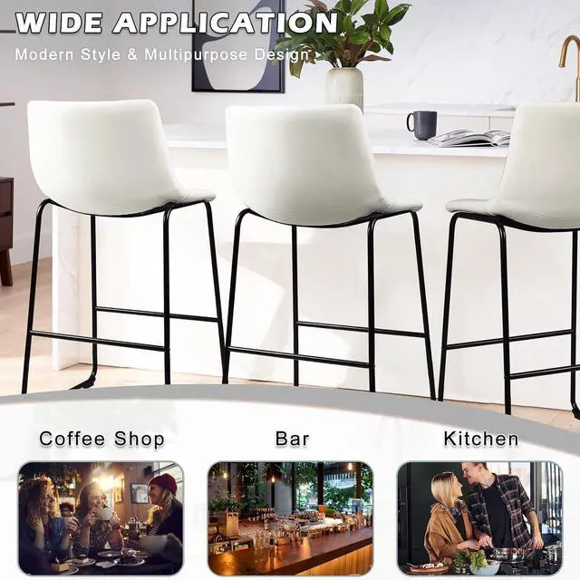 Alt view image 3 of 7 - BOSSIN Counter Height Bar Stools Set of 2,Barstools with Back,Faux Leather Counter Stools for Kitchen Island,Modern Bar Chairs with Metal Legs(White, 26")