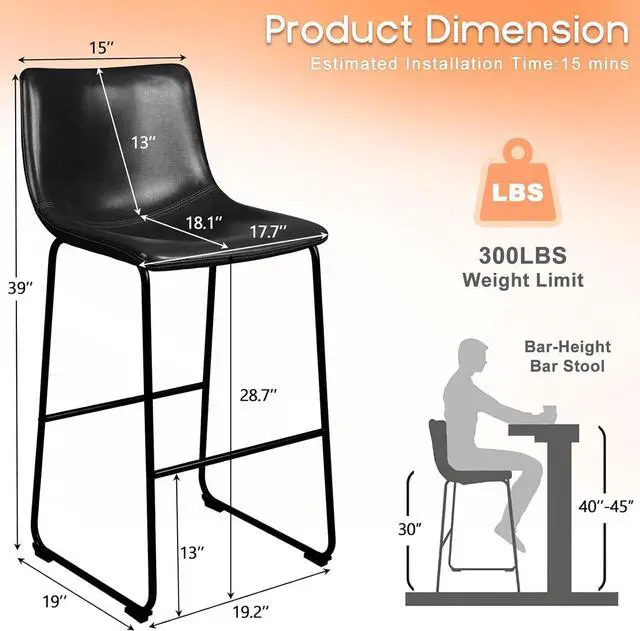 Alt view image 7 of 7 - BOSSIN 30 inch PU Faux Leather Counter Bar Height Stools with Back, Black Metal Legs Upholstered Modern Armless Stool, Pub Chairs for Dining Room Coffee House Rustic Bar, Set of 2