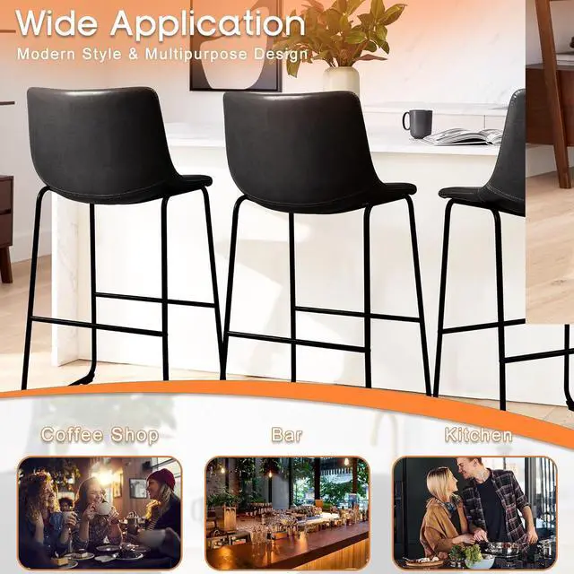 Alt view image 3 of 7 - BOSSIN 30 inch PU Faux Leather Counter Bar Height Stools with Back, Black Metal Legs Upholstered Modern Armless Stool, Pub Chairs for Dining Room Coffee House Rustic Bar, Set of 2