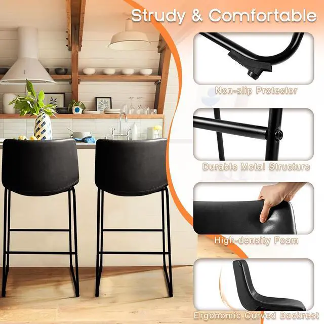 Alt view image 4 of 7 - BOSSIN 30 inch PU Faux Leather Counter Bar Height Stools with Back, Black Metal Legs Upholstered Modern Armless Stool, Pub Chairs for Dining Room Coffee House Rustic Bar, Set of 2