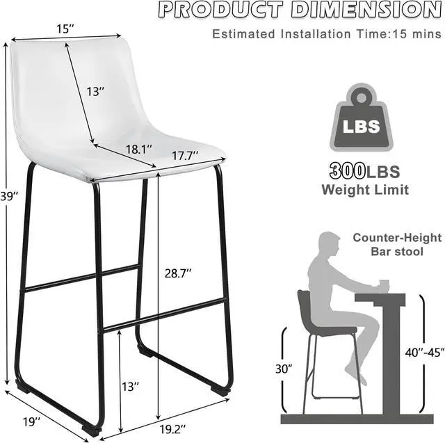 Alt view image 7 of 7 - BOSSIN Counter Height Bar Stools Set of 2,Barstools with Back,Faux Leather Counter Stools for Kitchen Island,Modern Bar Chairs with Metal Legs (White, 30")