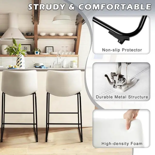 Alt view image 4 of 7 - BOSSIN Counter Height Bar Stools Set of 2,Barstools with Back,Faux Leather Counter Stools for Kitchen Island,Modern Bar Chairs with Metal Legs (White, 30")