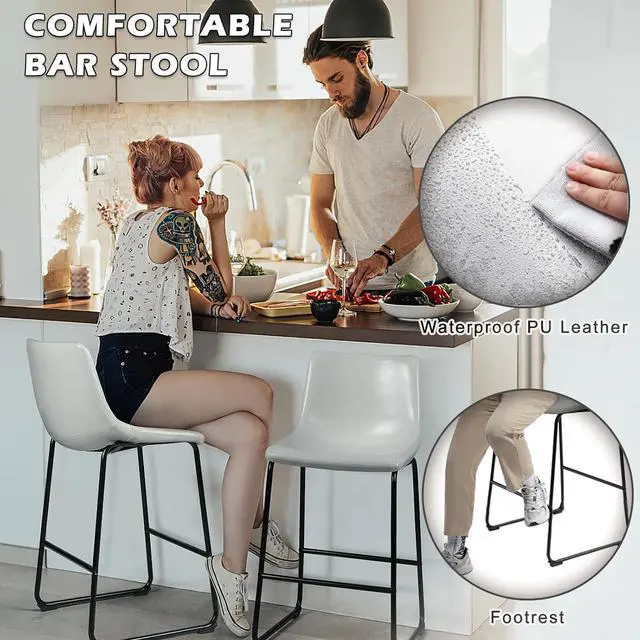 Alt view image 5 of 7 - BOSSIN Counter Height Bar Stools Set of 2,Barstools with Back,Faux Leather Counter Stools for Kitchen Island,Modern Bar Chairs with Metal Legs (White, 30")