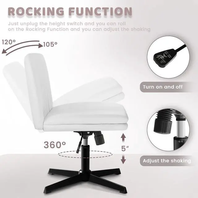 Alt view image 4 of 7 - BOSSIN PU Leather Armless Office Desk Chair No Wheels,Criss Cross Legged Wide Padded Seat Swivel Vanity Chair,120°Rocking Mid Back Ergonomic Computer Task Chair for Make Up,Small Space